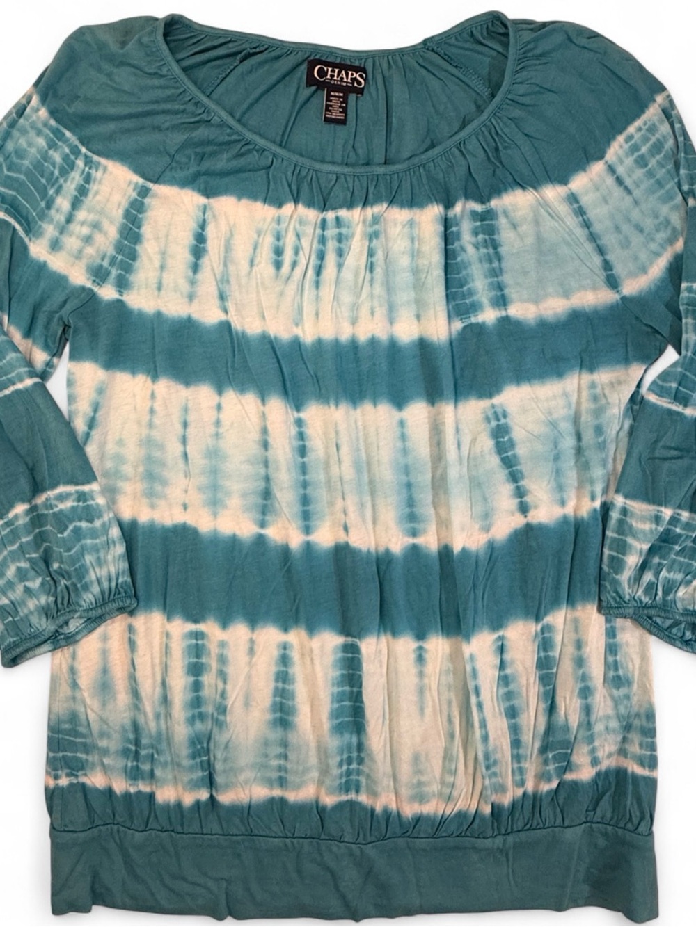 Chaps Teal and White Tie-Dye Long Sleeve Peasant Top